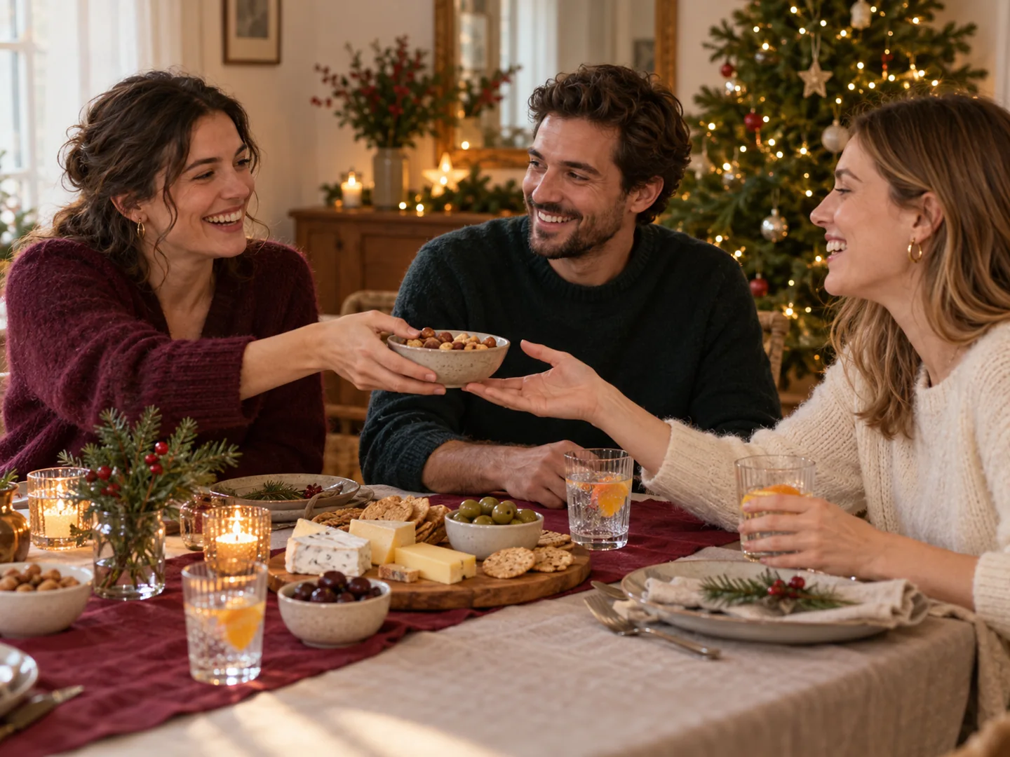 Trois amis partagent un apéritif de Noël et des boissons sans alcool