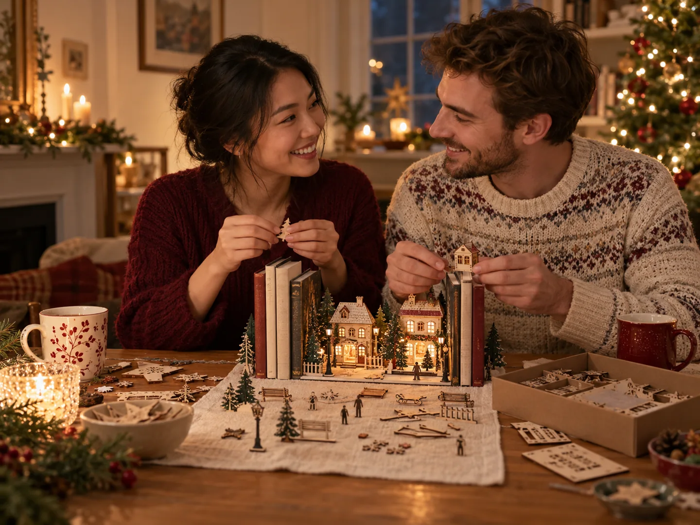 Un couple assemble ensemble un petit décor miniature de Noël