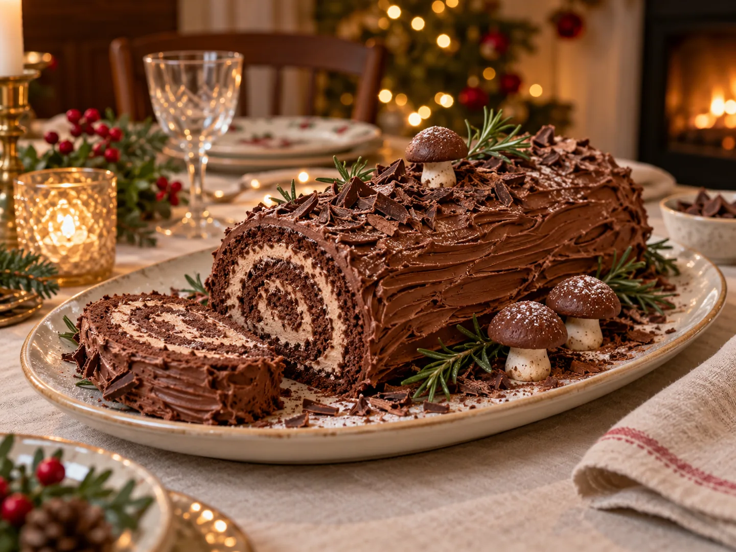 Bûche de Noël roulée au chocolat, avec une part laissant voir la spirale
