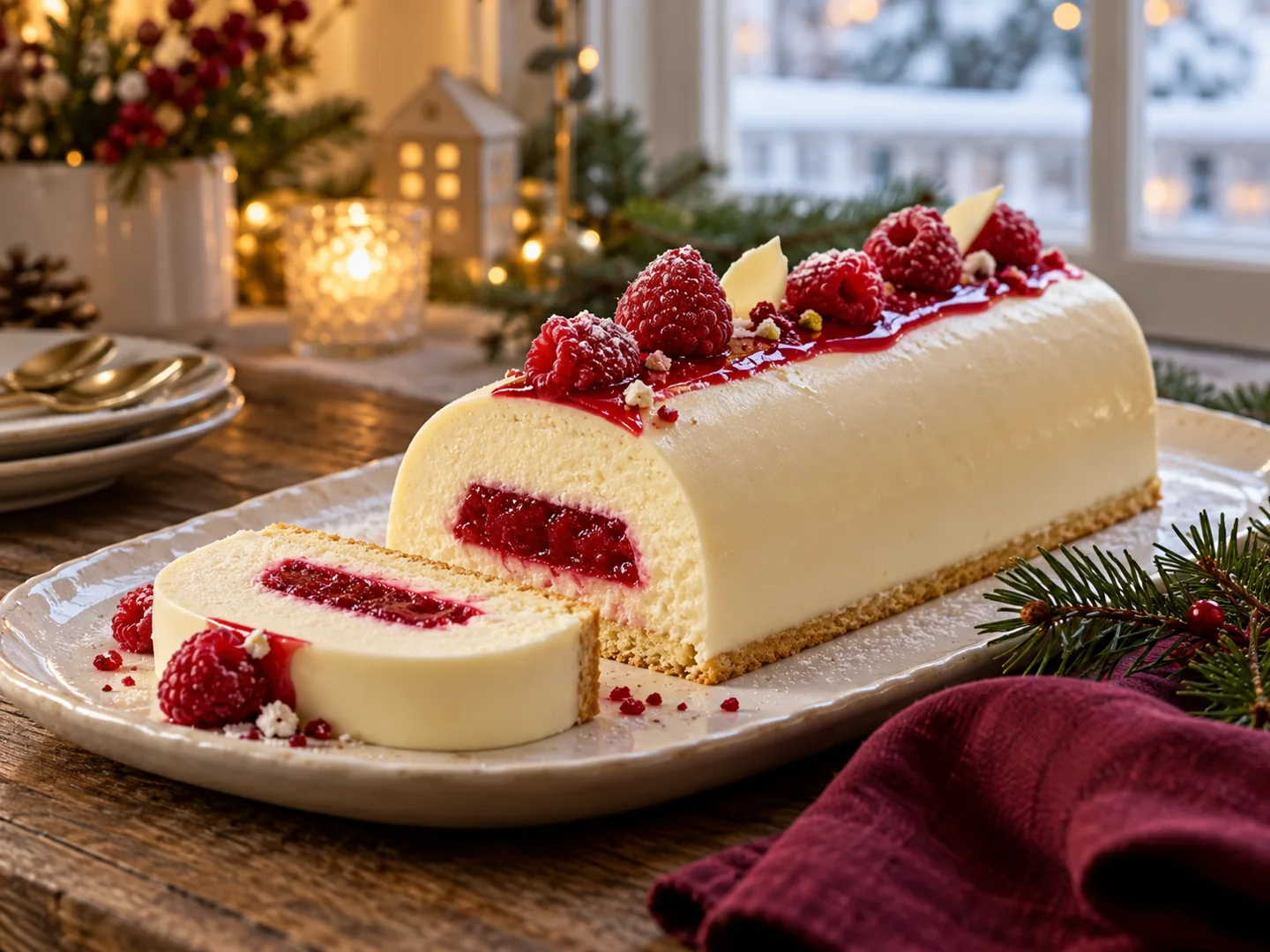 Bûche blanche aux framboises avec un cœur de fruits rouges