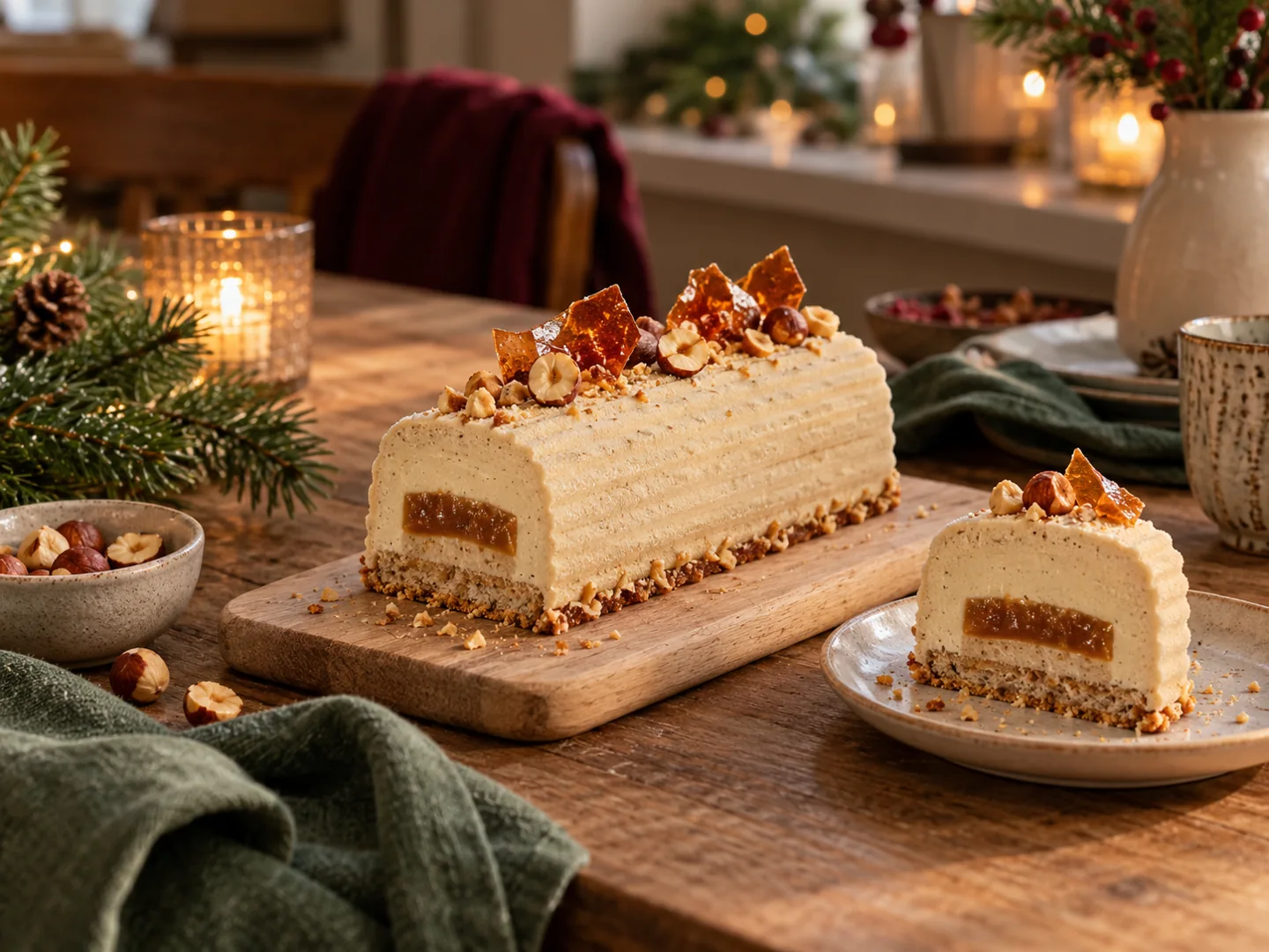 Petite bûche vanille, noisettes et caramel avec son insert visible
