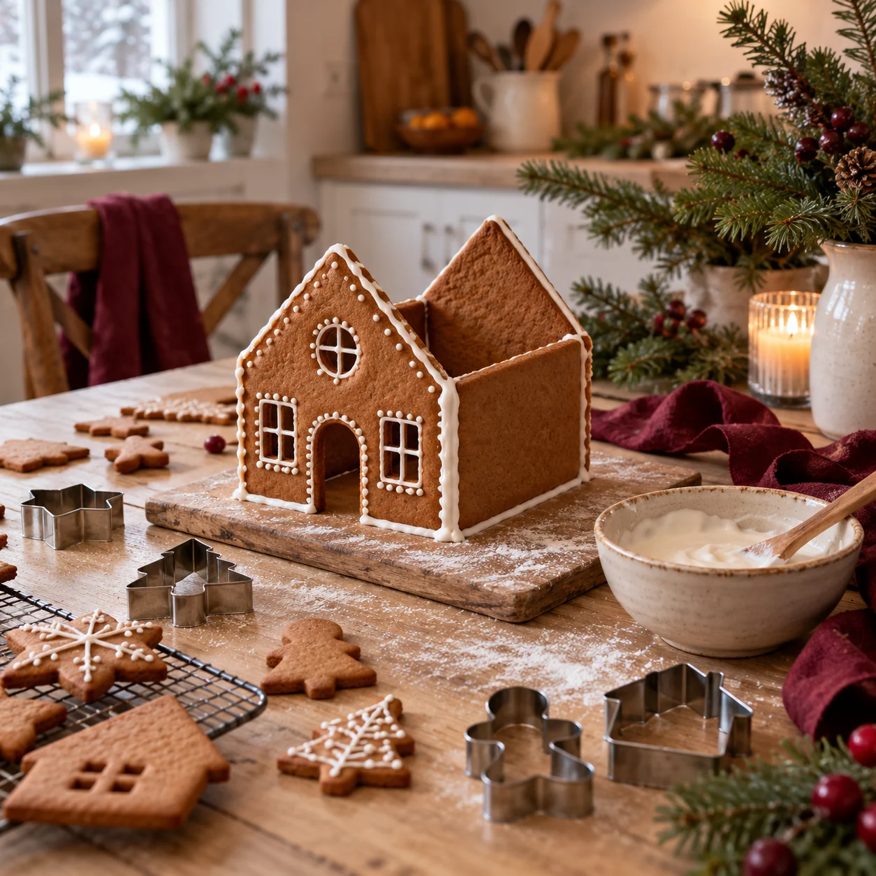 Une maison en pain d’épices sur une table de cuisine