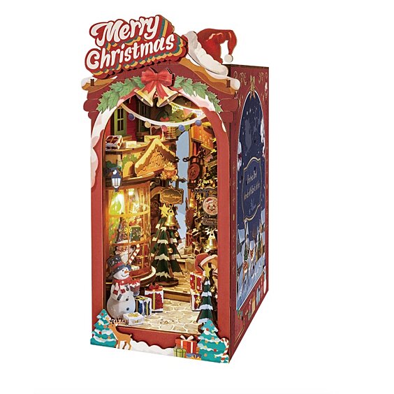 Book nook Rolife Christmas Street assemblé avec enseigne Merry Christmas — photographie officielle