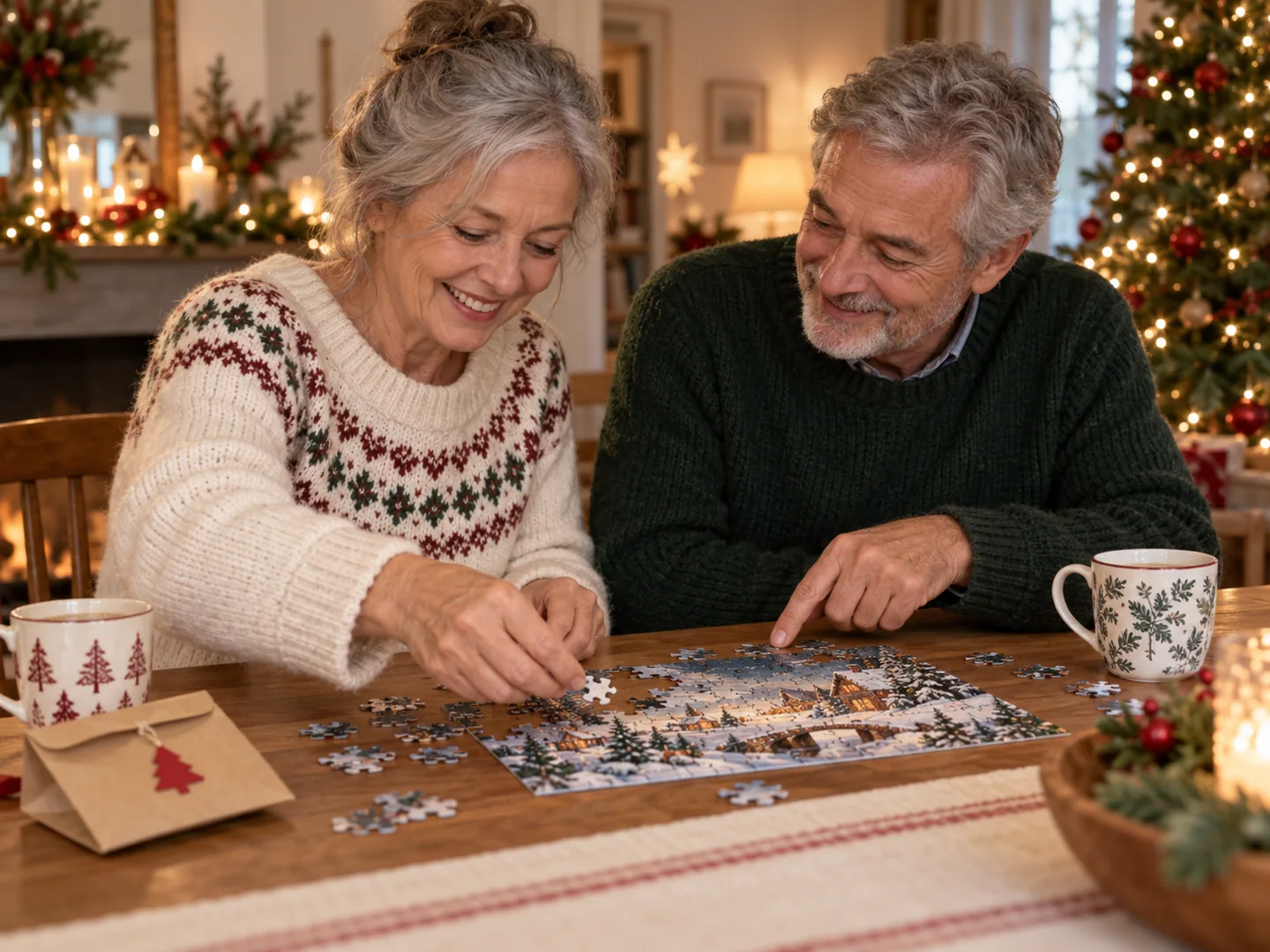 Un couple partage une pause autour d’un petit puzzle de l’Avent